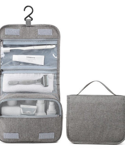 Geanta cosmetice voiaj, material panza, impermeabil, 3 compartimente, cu agatatoare