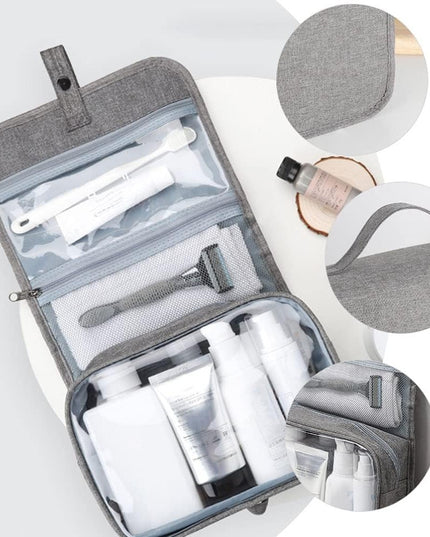 Geanta cosmetice voiaj, material panza, impermeabil, 3 compartimente, cu agatatoare