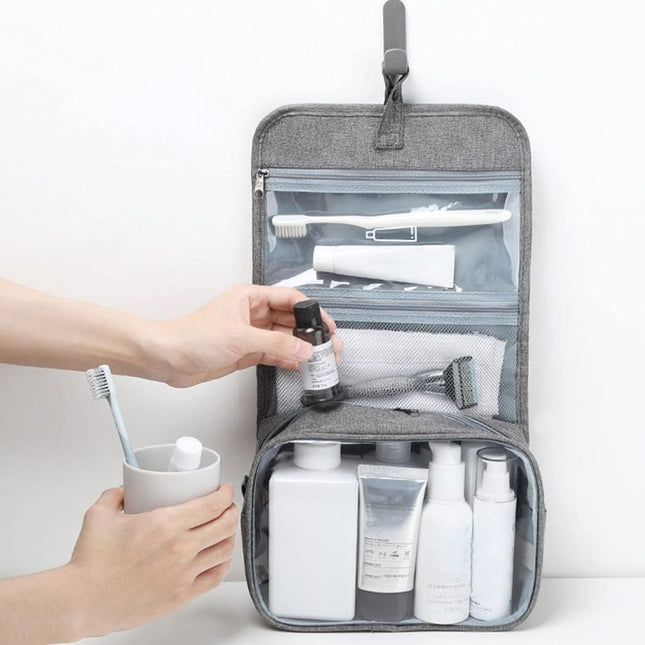 Geanta cosmetice voiaj, material panza, impermeabil, 3 compartimente, cu agatatoare