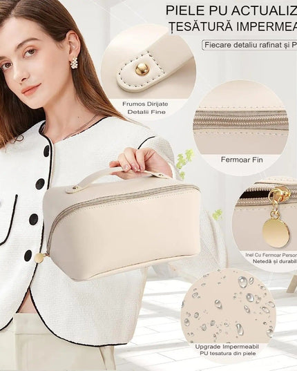 Geanta de Calatorie Pentru Cosmetice, Portabila, Impermeabila, din Piele Ecologica, Compartimente Multiple, cu Fermoar