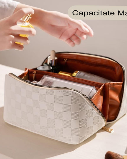 Geanta de Calatorie Pentru Cosmetice, Portabila, Impermeabila, din Piele Ecologica, Compartimente Multiple, cu Fermoar,In Carouri