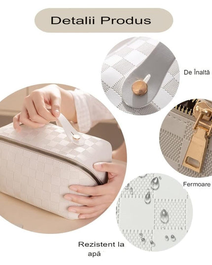 Geanta de Calatorie Pentru Cosmetice, Portabila, Impermeabila, din Piele Ecologica, Compartimente Multiple, cu Fermoar,In Carouri