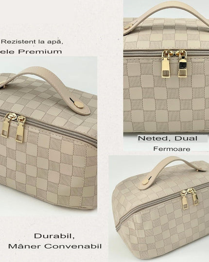 Geanta de Calatorie Pentru Cosmetice, Portabila, Impermeabila, din Piele Ecologica, Compartimente Multiple, cu Fermoar,In Carouri