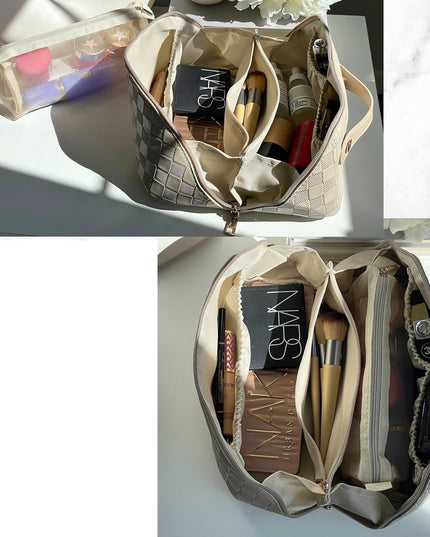 Geanta de Calatorie Pentru Cosmetice, Portabila, Impermeabila, din Piele Ecologica, Compartimente Multiple, cu Fermoar,In Carouri