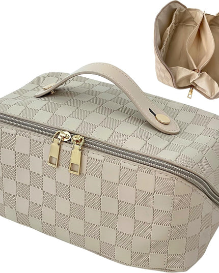 Geanta de Calatorie Pentru Cosmetice, Portabila, Impermeabila, din Piele Ecologica, Compartimente Multiple, cu Fermoar,In Carouri