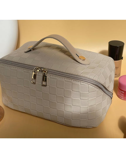 Geanta de Calatorie Pentru Cosmetice, Portabila, Impermeabila, din Piele Ecologica, Compartimente Multiple, cu Fermoar,In Carouri