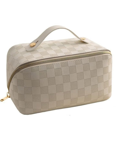 Geanta de Calatorie Pentru Cosmetice, Portabila, Impermeabila, din Piele Ecologica, Compartimente Multiple, cu Fermoar,In Carouri