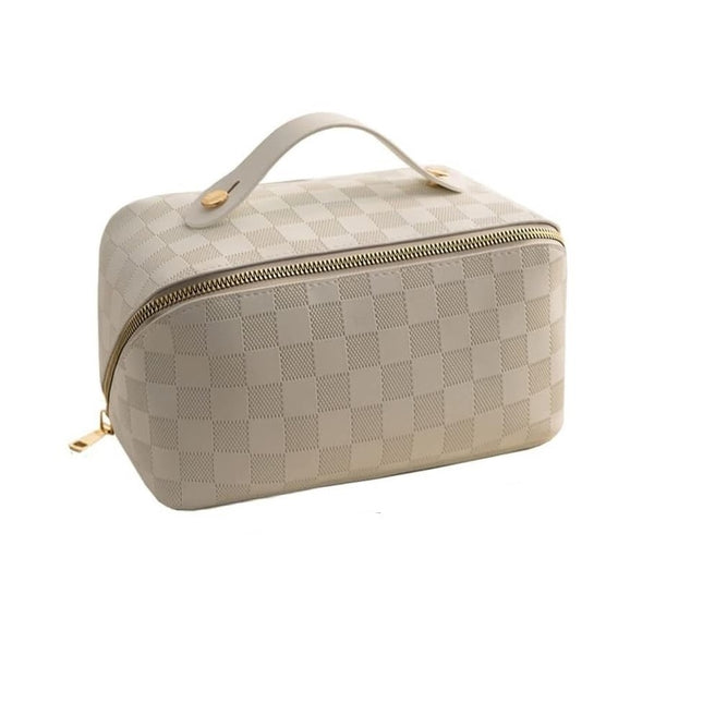 Geanta de Calatorie Pentru Cosmetice, Portabila, Impermeabila, din Piele Ecologica, Compartimente Multiple, cu Fermoar,In Carouri