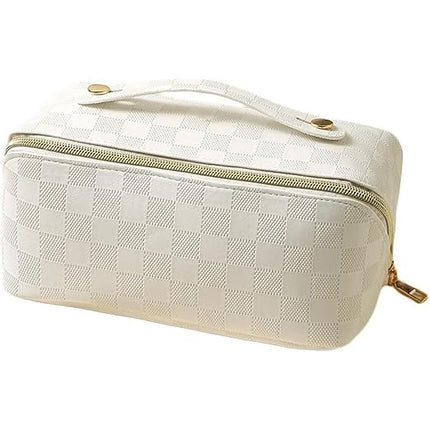Geanta de Calatorie Pentru Cosmetice, Portabila, Impermeabila, din Piele Ecologica, Compartimente Multiple, cu Fermoar,In Carouri