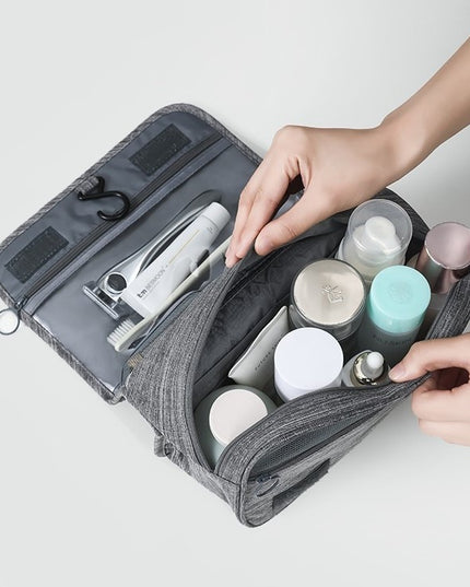 Geanta cosmetice voiaj, material panza, impermeabil, 3 compartimente, cu agatatoare