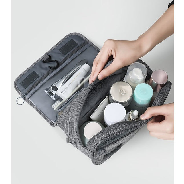 Geanta cosmetice voiaj, material panza, impermeabil, 3 compartimente, cu agatatoare