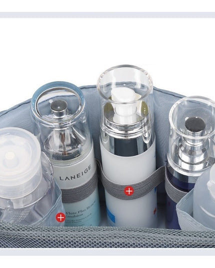 Geanta cosmetice voiaj, material panza, impermeabil, 3 compartimente, cu agatatoare