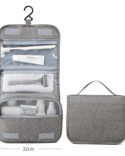 Geanta cosmetice voiaj, material panza, impermeabil, 3 compartimente, cu agatatoare