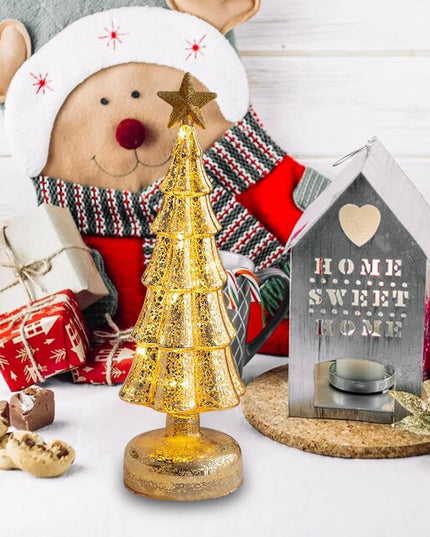 Decoratiune de Craciun, Model Brad cu Stea, din Sticla, Lumini, Baterii 3 AA