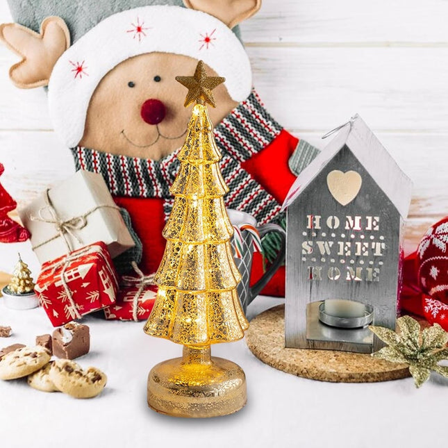 Decoratiune de Craciun, Model Brad cu Stea, din Sticla, Lumini, Baterii 3 AA