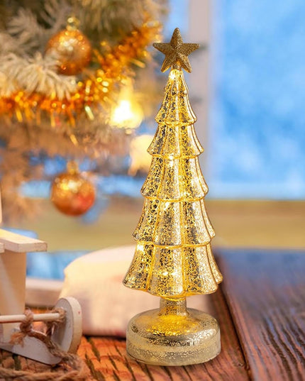 Decoratiune de Craciun, Model Brad cu Stea, din Sticla, Lumini, Baterii 3 AA