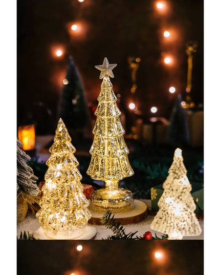 Decoratiune de Craciun, Model Brad cu Stea, din Sticla, Lumini, Baterii 3 AA