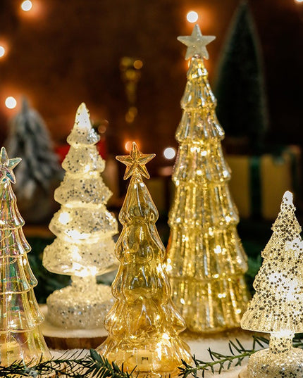 Decoratiune de Craciun, Model Brad cu Stea, din Sticla, Lumini, Baterii 3 AA