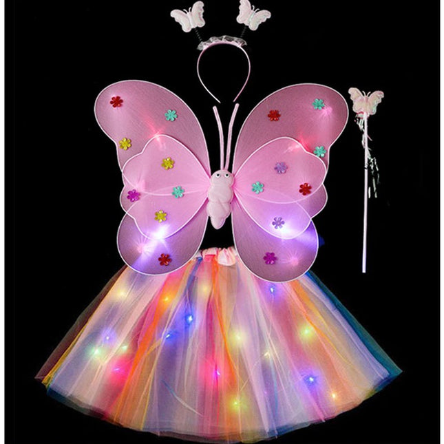 Costum Fluturas cu Aripi Modelabile Luminoase pentru Copii, Fusta din Tul cu Lumini, Bagheta si Bentita, 4 piese, Pentru Halloween, Roleplay, Craciun, Carnaval, Paste, Ziua Copilului, Bumbac/Poliester, Marime universala, Curcubeu