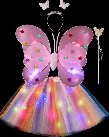 Costum Fluturas cu Aripi Modelabile Luminoase pentru Copii, Fusta din Tul cu Lumini, Bagheta si Bentita, 4 piese, Pentru Halloween, Roleplay, Craciun, Carnaval, Paste, Ziua Copilului, Bumbac/Poliester, Marime universala, Curcubeu