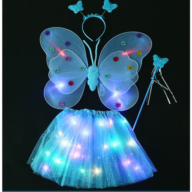 Costum Fluturas cu Aripi Modelabile Luminoase pentru Copii, Fusta din Tul cu Lumini, Bagheta si Bentita, 4 piese, Pentru Halloween, Roleplay, Craciun, Carnaval, Paste, Ziua Copilului, Bumbac/Poliester, Marime universala
