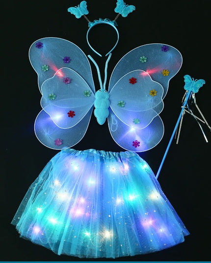 Costum Fluturas cu Aripi Modelabile Luminoase pentru Copii, Fusta din Tul cu Lumini, Bagheta si Bentita, 4 piese, Pentru Halloween, Roleplay, Craciun, Carnaval, Paste, Ziua Copilului, Bumbac/Poliester, Marime universala