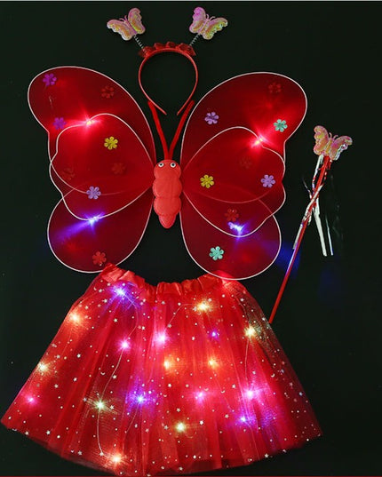 Costum Fluturas cu Aripi Modelabile Luminoase pentru Copii, Fusta din Tul cu Lumini, Bagheta si Bentita, 4 piese, Pentru Halloween, Roleplay, Craciun, Carnaval, Paste, Ziua Copilului, Bumbac/Poliester, Marime universala