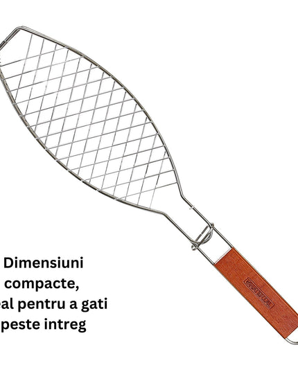 Gratar Grill Inox pentru Peste, cu Maner, de Dimensiuni Reduse, Usor de Transportat si Depozitat