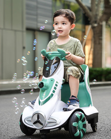 Masinuta electrica cu telecomanda pentru copii, roti spate rotire 360, curea siguranta, baloane de sapun, lumini si sunete, self control si prin telecomanda, cu pedale de acceleratie si frana