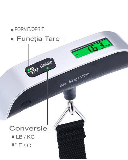 Cantar Digital de Mana Curea, Cantar Portabil, Cantarire Bagaje, Capacitate 50 kg, Functie de Tara