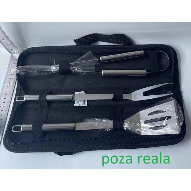 3 Ustensile pentru Gratar, din Otel Inoxidabil, Geanta Oxford
