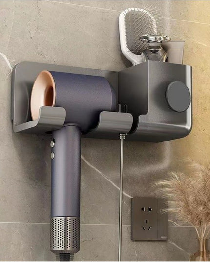 Suport de Baie, pentru Uscator de Par, cu Organizator Dublu, din Plastic, Aplicare cu Suport Adeziv