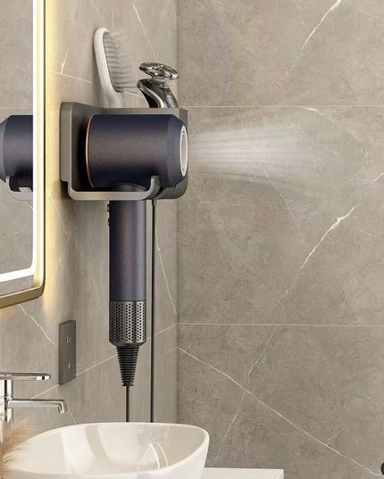 Suport de Baie, pentru Uscator de Par, cu Organizator Dublu, din Plastic, Aplicare cu Suport Adeziv