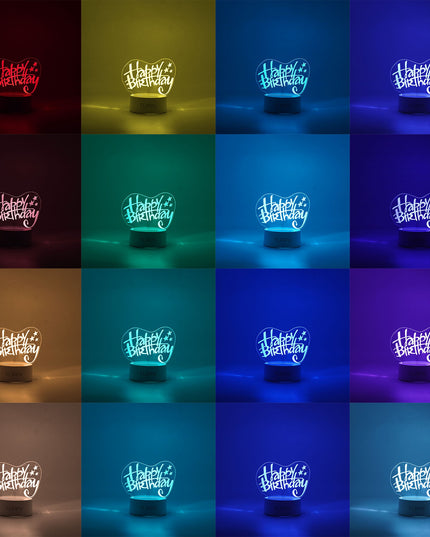Lampa LED decorativa, 3D, Happy Birthday, cu USB si baterii, inaltime, din material acril, lumina multicolora si telecomanda inclusa
