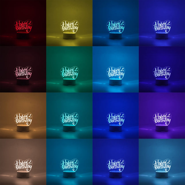 Lampa LED decorativa, 3D, Happy Birthday, cu USB si baterii, inaltime, din material acril, lumina multicolora si telecomanda inclusa