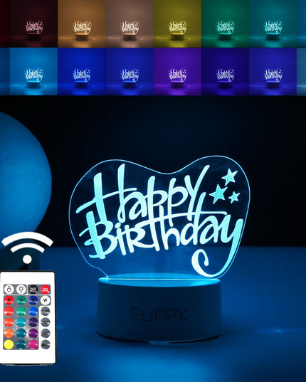 Lampa LED decorativa, 3D, Happy Birthday, cu USB si baterii, inaltime, din material acril, lumina multicolora si telecomanda inclusa