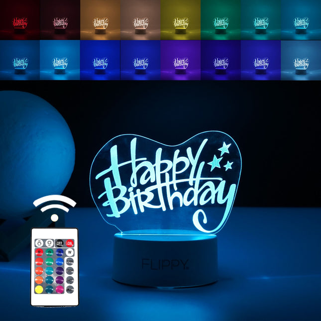Lampa LED decorativa, 3D, Happy Birthday, cu USB si baterii, inaltime, din material acril, lumina multicolora si telecomanda inclusa