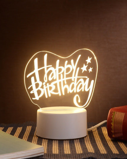 Lampa LED decorativa, 3D, Happy Birthday, cu USB si baterii, inaltime, din material acril, lumina multicolora si telecomanda inclusa