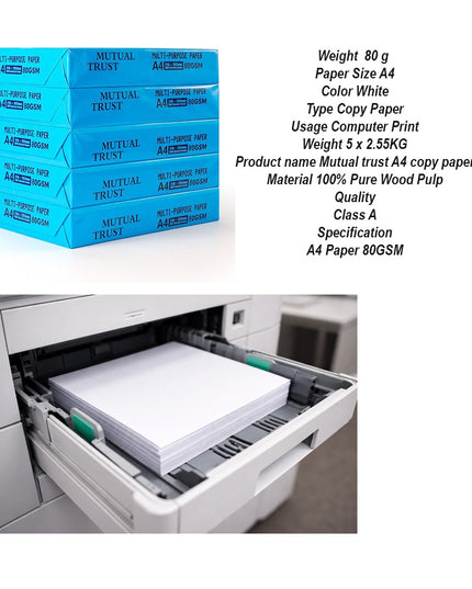 Hartie Copiator A4 Mutual Trust, 80 g/mp, 5 topuri x 500 coli/top (2500 coli), 210 x 297 mm, Hartie Multifunctionala pentru Imprimanta si Copiator, Hartie Universala pentru Birou