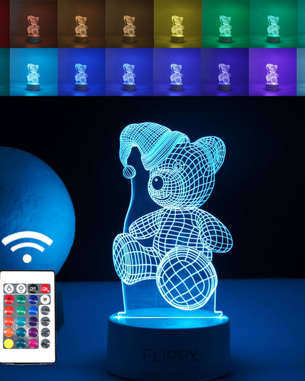 Lampa LED decorativa, 3D, Urs cu palarie, cu telecomanda, doua moduri de alimentare USB si baterii, inaltime, din material acril si lumina multicolora