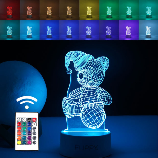 Lampa LED decorativa, 3D, Urs cu palarie, cu telecomanda, doua moduri de alimentare USB si baterii, inaltime, din material acril si lumina multicolora
