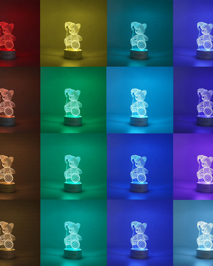 Lampa LED decorativa, 3D, Urs cu palarie, cu telecomanda, doua moduri de alimentare USB si baterii, inaltime, din material acril si lumina multicolora