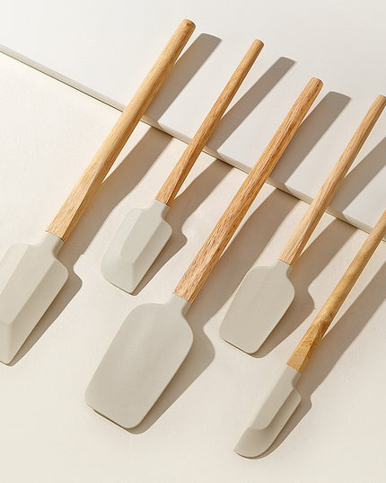 5 Ustensile de Bucatarie, din Silicon si Lemn, Spatule de Diferite Dimensiuni, Termorezistente, Antiaderente
