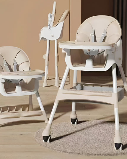 Scaun de Masa pentru Bebelusi si Copii, cu Roti, Telescopic, Pliabil, Masuta Reglabila, Suport Picioare, Scaun cu Invelis Piele Artificiala, Centura Siguranta, Spatiu Depozitare