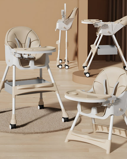 Scaun de Masa pentru Bebelusi si Copii, cu Roti, Telescopic, Pliabil, Masuta Reglabila, Suport Picioare, Scaun cu Invelis Piele Artificiala, Centura Siguranta, Spatiu Depozitare