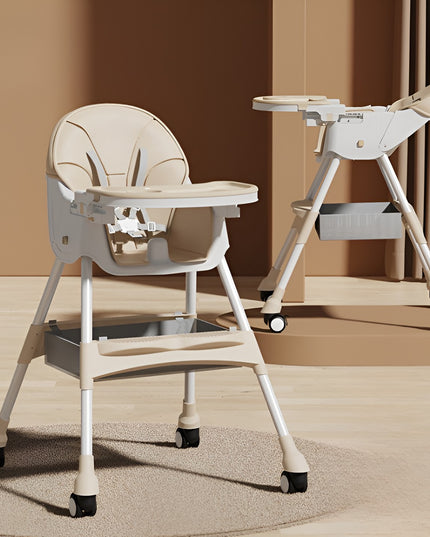 Scaun de Masa pentru Bebelusi si Copii, cu Roti, Telescopic, Pliabil, Masuta Reglabila, Suport Picioare, Scaun cu Invelis Piele Artificiala, Centura Siguranta, Spatiu Depozitare