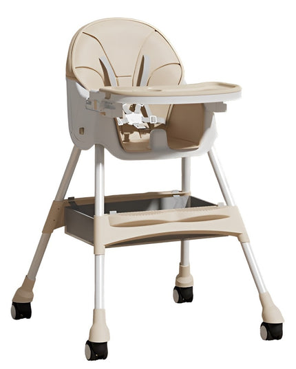 Scaun de Masa pentru Bebelusi si Copii, cu Roti, Telescopic, Pliabil, Masuta Reglabila, Suport Picioare, Scaun cu Invelis Piele Artificiala, Centura Siguranta, Spatiu Depozitare