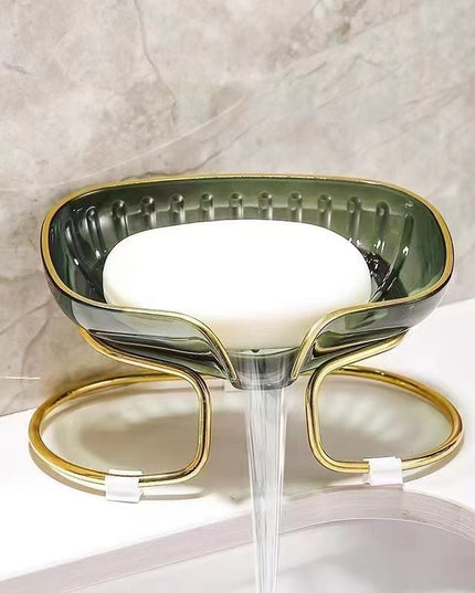 Savoniera cu Suport, Sistem de Scurgere a Apei, Margine Aurie, 14 x 8.5 x 9 cm, din TPE