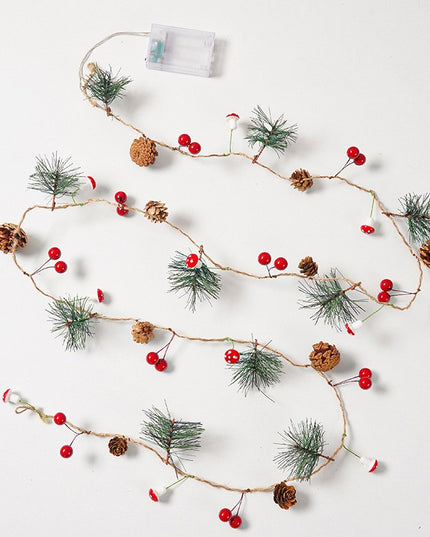 Instalatie Craciun cu baterii, 2 metri, 20 LED-uri tip Ace, conuri de pin si ciuperci