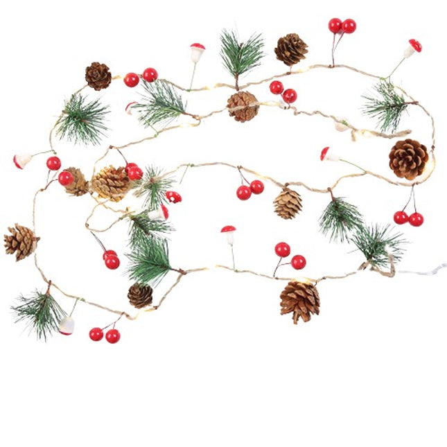 Instalatie Craciun cu baterii, 2 metri, 20 LED-uri tip Ace, conuri de pin si ciuperci